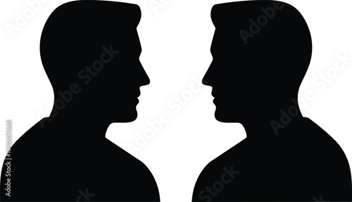 Two black male head silhouettes facing each other on white background profile