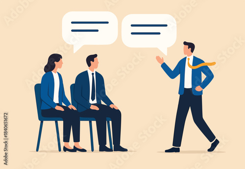 Conversation or business discussion, meeting, talk or chat together, group talk or communication dialog, message or speaking concept, business people coworker having conversation on speech bubble