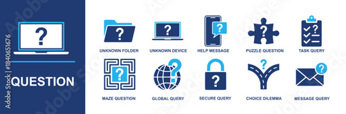 Question icon set. Containing unknown folder, unknown device, help message, puzzle question, task query, maze question, global query, secure query, choice dilemma, message query and more. Solid vector