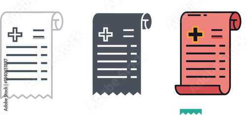 Medical prescription icon set isolated on white background healthcare and medicine concept paper document with cross sign and lines vector illustration
