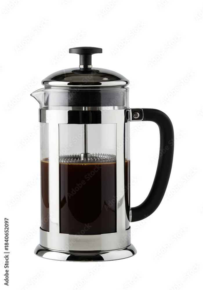 custom made wallpaper toronto digitalphotorealistic close-up of a premium french press cafetière, polished stainless steel and matte black handle, subtle steam rising from dark coffee, isolated on transparent, concept of elegant