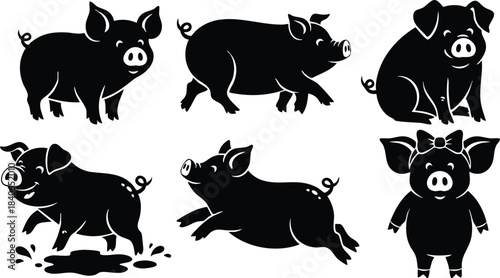 Silhouette vector illustration of six black pig icons in playful poses running jumping sitting standing and facing forward on white background minimal flat design