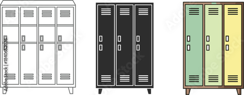 Three lockers in different styles isolated on white background outline, silhouette, and colored version, perfect for school, gym, or workplace storage needs