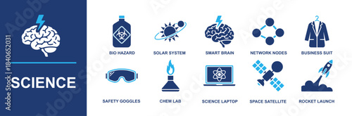 Science icon set. Containing bio hazard, solar system, smart brain, network nodes, business suit, safety goggles, chem lab, science laptop, space satellite, rocket launch and more. Solid vector icons