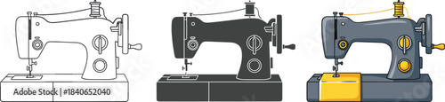 Three vintage sewing machines in different styles isolated on white background outline, silhouette, and colored version, showcasing classic tailoring equipment