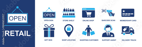 Retail icon set. Containing open sign, store shelf, online shop, barcode scan, membership card, gift box, shop location, shopping customer, support agent, delivery truck and more. Solid vector icons