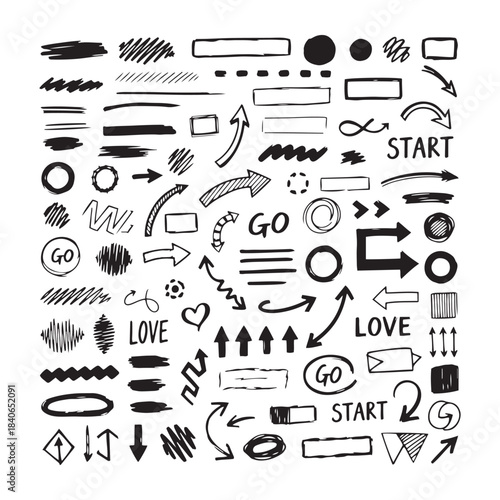 Hand drawn doodle arrow, shape, scribble and sketch element collection in bold black marker vector style for creative design use