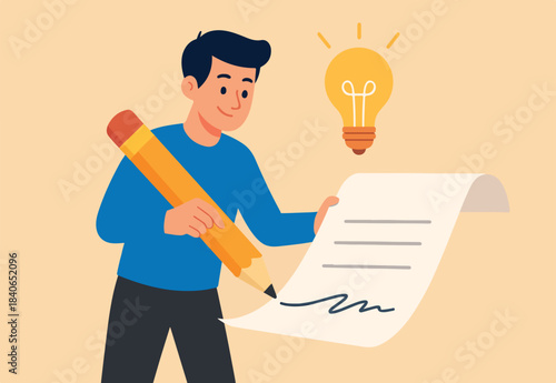 Copywriter or blogger, creative idea and inspiration to begin writing, imagination to success in work, talent and skill concept, smart young man using big pencil with lightbulb idea writing on paper.