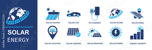 Solar energy icon set. Containing solar heater, solar car, ev charger, solar globe, solar panel, solar location, solar verified, solar weather, solar power, energy growth and more. Solid vector icons