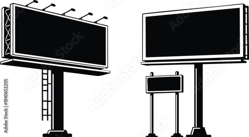 Flat design high contrast billboard silhouettes shown in three quarter angle on tall poles with floodlights set on clean white background minimal commercial advertising vector art