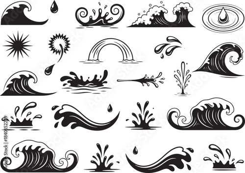 Collection of various wave and splash silhouettes in different styles and shapes