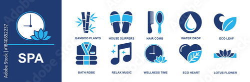 Spa icon set. Containing bamboo plants, house slippers, hair comb, water drop, eco leaf, bath robe, relax music, wellness time, eco heart, lotus flower and more. Solid vector icons