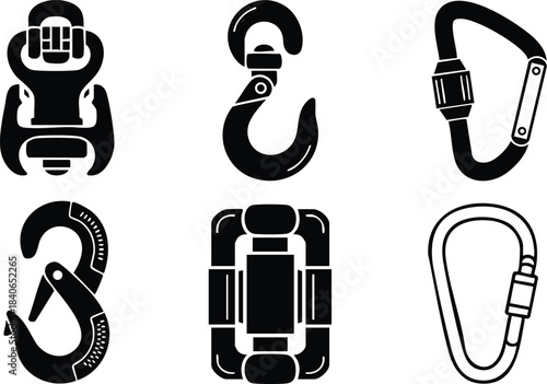 Flat design black carabiner and hook icon set showing six climbing hardware silhouettes including curved hook locking carabiner snap carabiner and climbing backpack front view vector