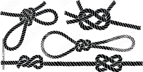 Line art vector set of five detailed nautical rope knots viewed close up with textured black cord on white background from top angle isolated clean composition