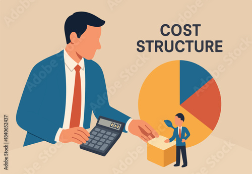 Cost structure, expense and income balance calculation, revenue, debt and investment analysis, money management, budget or saving concept, businessman with calculator with pie chart of cost structure.