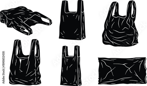 Line art top view set of crumpled black plastic shopping bags isolated on white background assorted folded wrinkles high contrast vector illustration textured sketch style pile