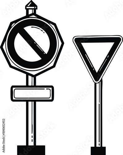 Line art close up dual road signs showing no entry symbol and yield sign on vertical poles isolated black and white vector illustration minimalist outline style