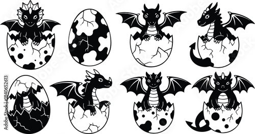 Line art eight baby dragons hatching from speckled eggs in varied poses close up black and white vector illustration playful sticker sheet design for charming children