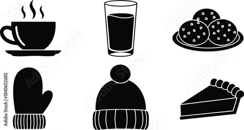 Flat icon set six monochrome food and winter clothing icons arranged in two row grid showing steaming cup glass plate cookies mitten knit hat pie slice