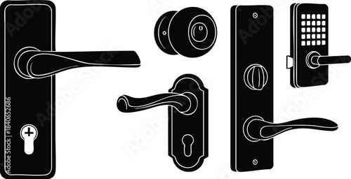 Line art vector set showing five door handles and lock plates close up with keyed cylinder thumb turn keypad and modern and vintage lever designs illustration