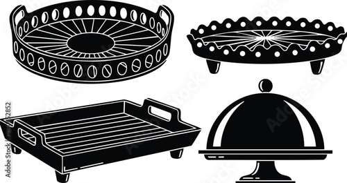Flat design ornate tray and cloche silhouette set showing oval pedestal tray rectangular tray with handles and cake dome on stand front view black minimal isolated