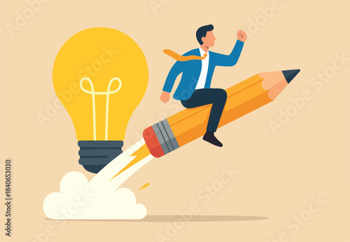 Creativity to create new idea, imagination or invention, inspiration, education or genius idea, writing content or boost creative thinking concept, man riding pencil rocket from opening lightbulb.