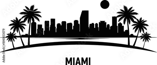 Miami skyline silhouette with palm trees on black background