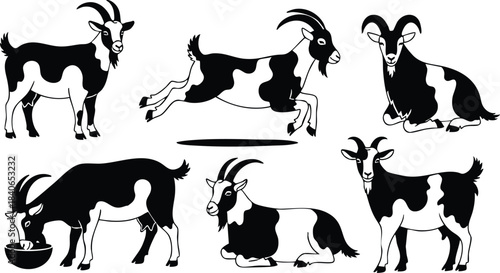 Silhouette six goat poses side view and three quarter angles feeding jumping standing lying grazing portrait black and white vector art minimal flat design studio isolated