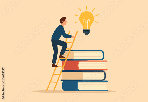 Creativity, knowledge to achieve success, imagination or education to develop skills, inspiration or finding solution concept, young adult man climb up ladder on book stack to find creative lightbulb.