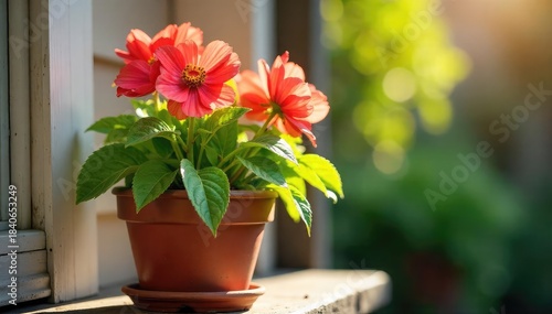 Vibrant potted flowering plant in a rustic terracotta pot, bathed in sunlight Perfect for home decor, gardening, and springtime themes , pink, spring