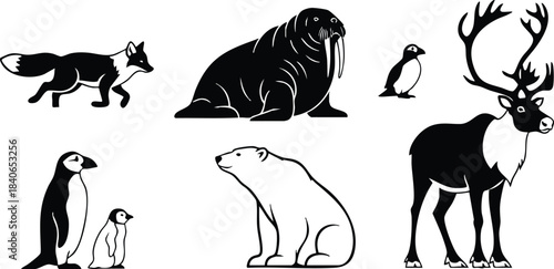 Flat design silhouette icon set of arctic animals in profile including fox walrus puffin penguin polar bear and reindeer black on white vector simple isolated poses