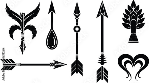 Flat design arrow icon set showing stylized feather fletching and varied arrowheads including heart formed arrows horizontal arrow and vertical spear arrow in black silhouette collection