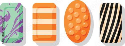 Colorful soap bars illustration, vibrant bath products, decorative soap designs, striped and patterned soaps, hygiene and spa essentials, modern minimalist artwork