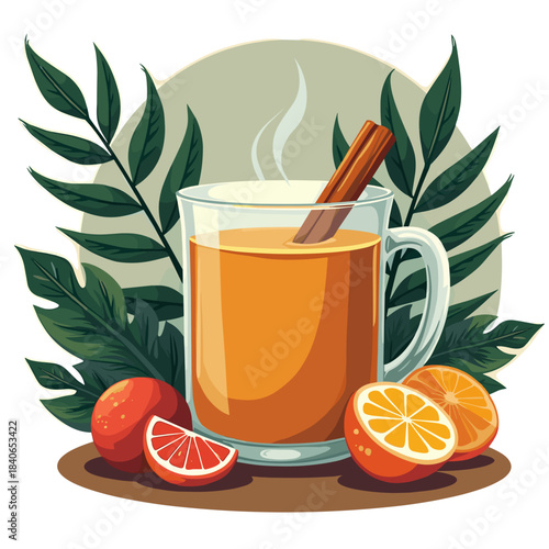 Citrus drink in a glass with cinnamon stick and fresh fruits  