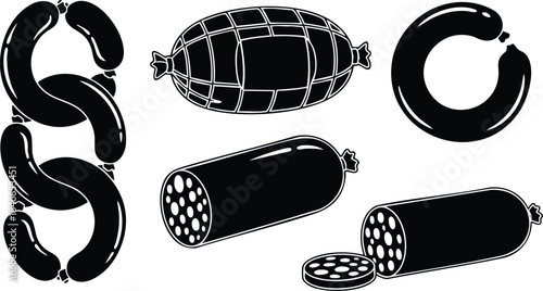 Line art close up black and white salami and sausages arranged on white background sliced ring and linked cured meats with netting bold minimal vector illustration