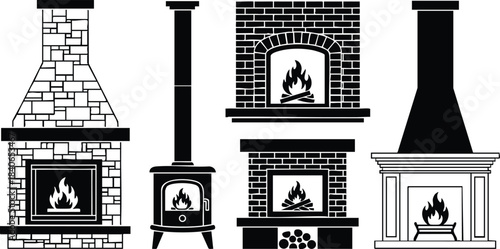 Line art front view set of four fireplace silhouettes including brick fireplace wood stove vintage mantel modern hood with visible logs and stylized flame icons cozy