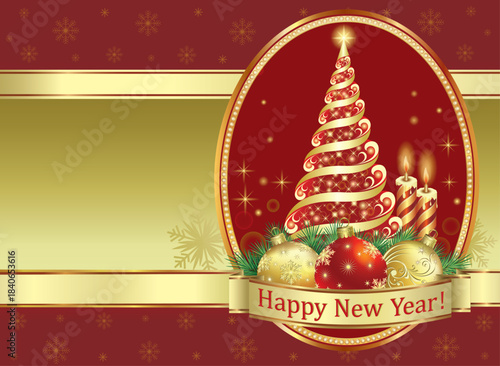 Happy New Year. Christmas greeting card design with Christmas tree, candles and baubles in luxurious gold oval on background with snowflakes and gold ribbon. 3D vector illustration.