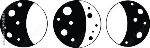 Minimal line art three moon phases icons in horizontal sequence showing crescent half and gibbous with dotted texture and high contrast monochrome vector illustration flat design