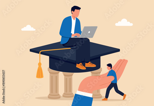 Curriculum, learning or education, student academic, study new knowledge or scholarship, learning lesson, certificate or graduated concept, smart woman learning with laptop on mortarboard pillars.