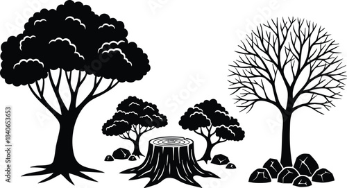 Silhouette forest scene close up with detailed tree stump and standing oaks bare winter tree rocks ground black vector art flat design low angle silhouetted branches