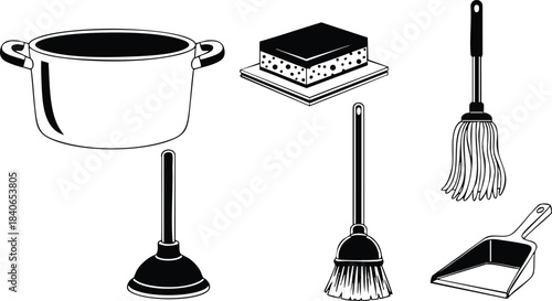 Vector icon set black and white kitchen cleaning tools pot handles sponge scrub pad mop long handle plunger rubber broom stiff bristles rectangular dustpan high contrast