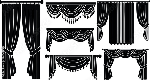 Flat design curtain silhouette icon set showing six drapery styles with valance swags pleated panels tiebacks and rod details in close up front view minimalist monochrome