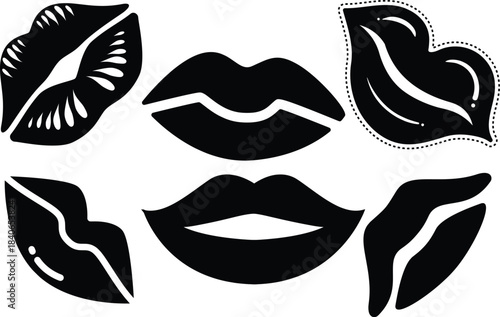 Collection of Black Silhouette Lips Icons and Graphics on White Background mouth kiss