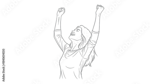 A joyful woman with arms raised in celebration depicted in a simple sketch style