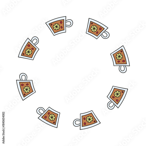 Set of round wreaths with doodle hot tea in cups, lemon slices, berries isolated on white background.