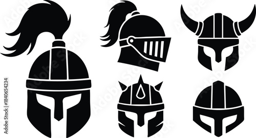 Flat icon set of six medieval helmet silhouettes with plume and horn variations in frontal and three quarter views bold black vector symbols isolated minimalist design