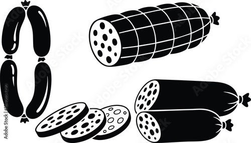 Minimalist vector silhouette close up of sliced salami and sausage links arranged on white background top view with bold black shapes high contrast flat design label
