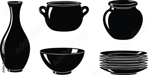 Silhouette vector flat design five ceramic vessels arranged side view and top view including vase pot jar bowl and stacked plates minimal high contrast clean composition