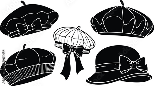 Line art close up vintage women berets and cloche hat set with bows isolated white background fashion accessory silhouette collection flat vector illustration elegant simple studio