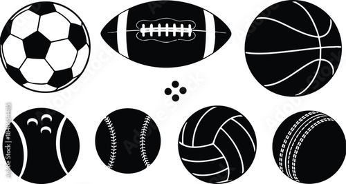 Flat design sports ball icon set eight silhouettes including soccer american football basketball tennis baseball volleyball cricket isolated on white background close up minimal vector art